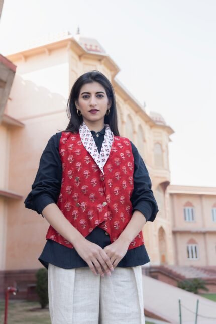 Red Chanderi Half Jacket